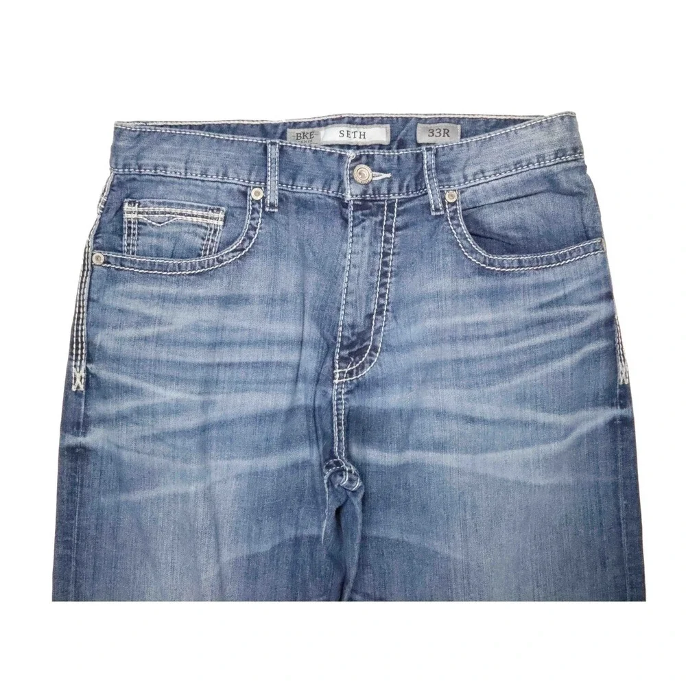 BKE Seth Blue Straight Leg Denim Wiskered Classic Jeans‎ Mens Size 33x31